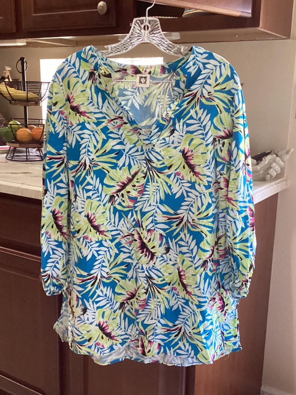 Anne Klein Blue Tropical Leaf V-Neck Tunic